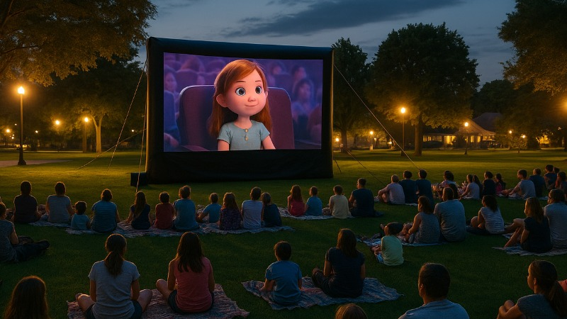 A photorealistic image of families sitting on blankets and lawn chairs at sunset in a large grassy park, watching a movie projected on a giant outdoor screen. The scene is lively and festive, with warm evening light and a clear sky.