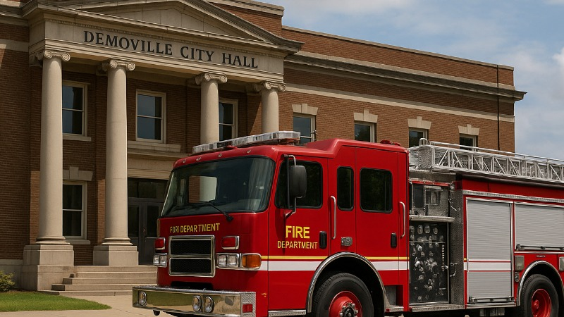 Demoville City Hall with a red Fire Truck outside