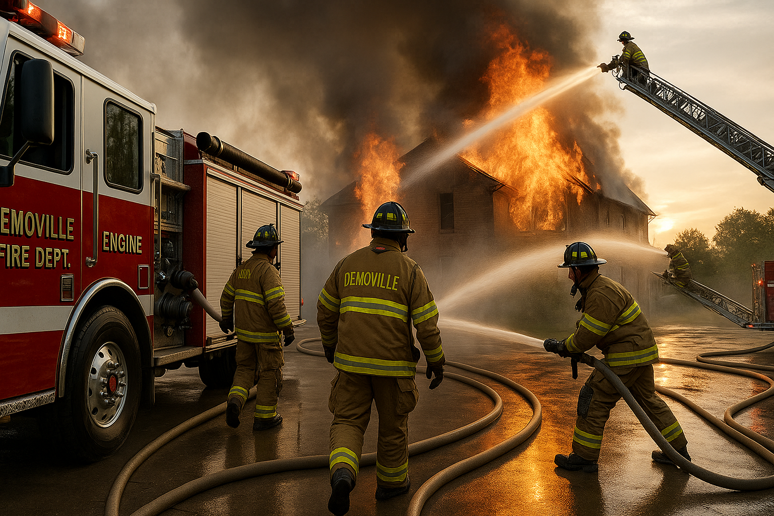 Firefighters from the Demoville Fire Department battle a large blaze engulfing a two-story home, with flames and smoke rising as crews use hoses and a ladder truck to contain the fire.