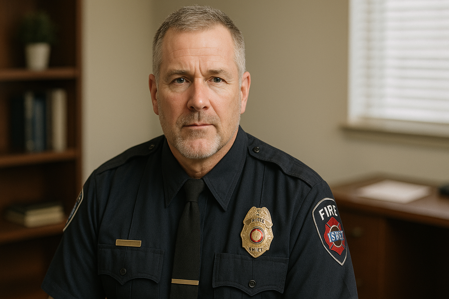 A serious fire chief in full uniform sits in an office, with a badge, patch, and bookshelf in the background.