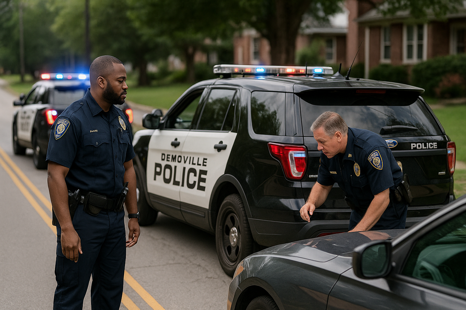 Two Demoville police officers conduct a traffic stop in a suburban neighborhood. One officer speaks with the driver through the window while the other stands beside their marked police SUV, lights flashing. A tree-lined street and red brick homes are visible in the background.