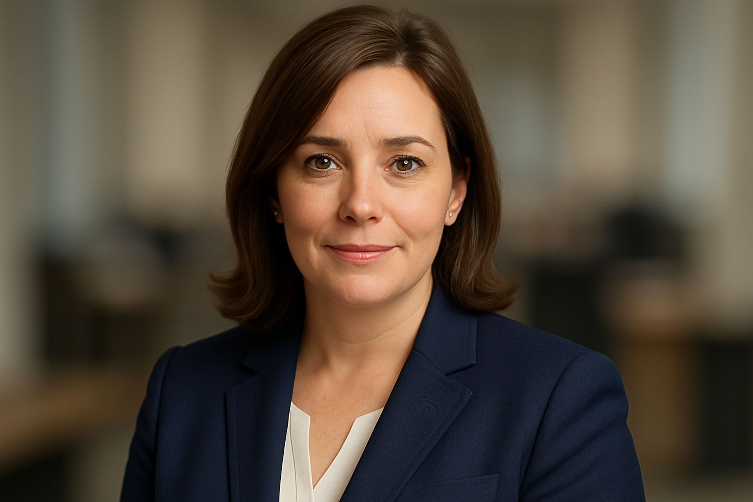 A professional headshot of Marlena Jacobs, a middle-aged woman with chestnut brown hair styled in soft waves, wearing a navy blazer and cream blouse. She smiles warmly against a softly blurred office background.