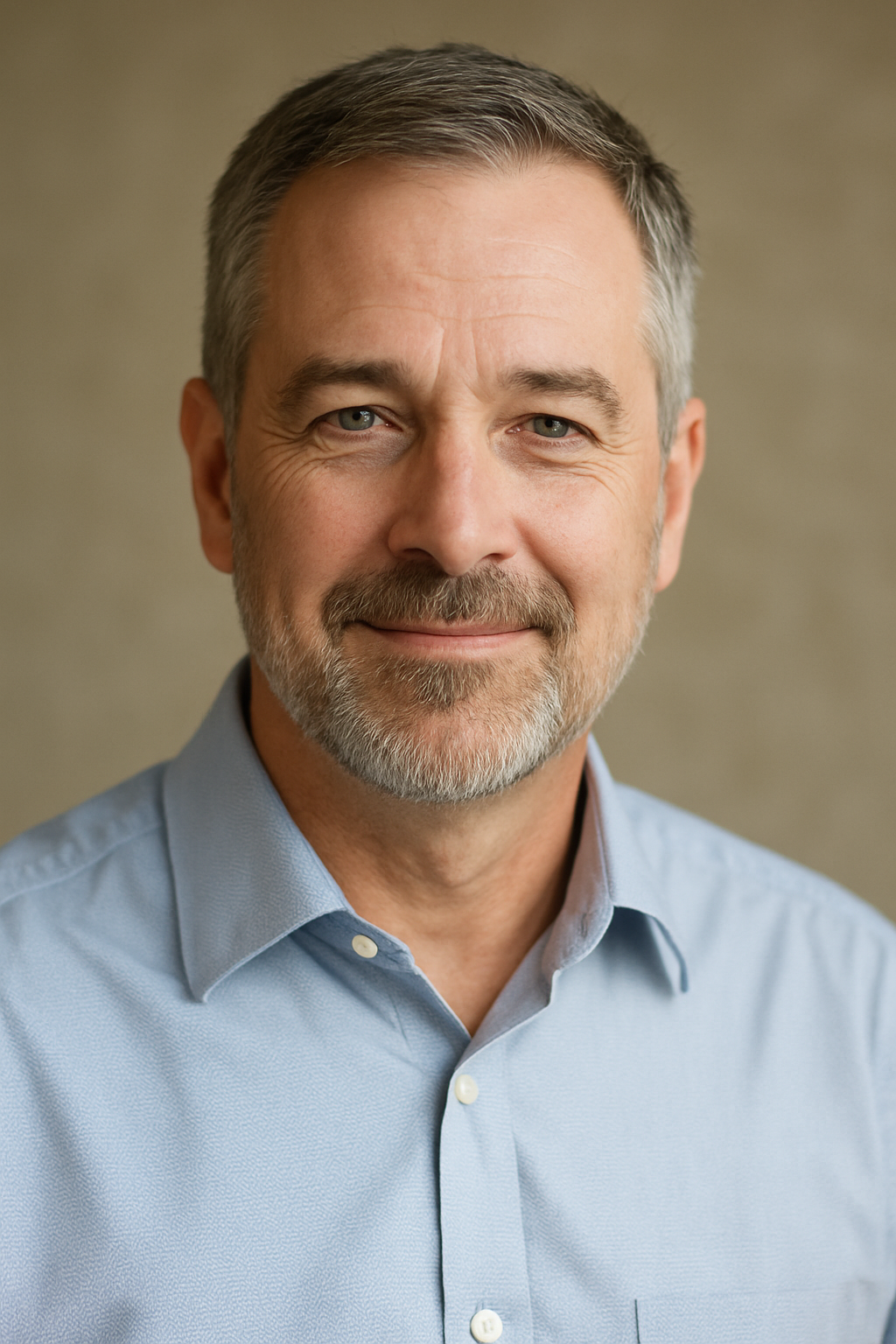 A professional headshot of Sam Whitaker, a middle-aged man with short salt-and-pepper hair and a neatly trimmed beard, wearing a light blue button-down shirt. He smiles warmly against a softly blurred beige background.