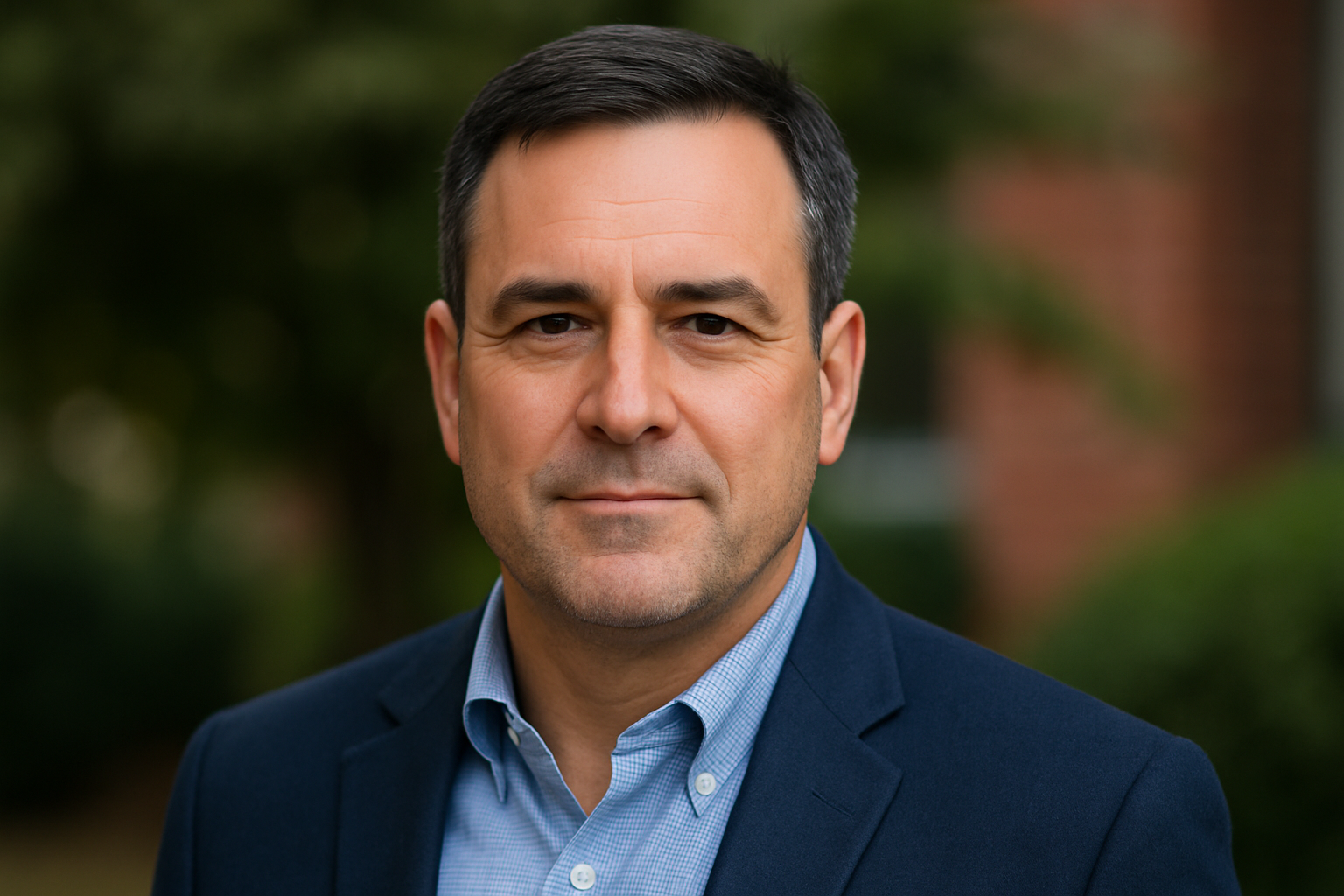A professional headshot of Tobias Lehigh Nagy, a middle-aged man with short dark brown hair graying at the temples. He wears a navy blazer and light blue dress shirt, standing outdoors with a soft-focus background of greenery and brick, and maintains a calm, confident expression.
