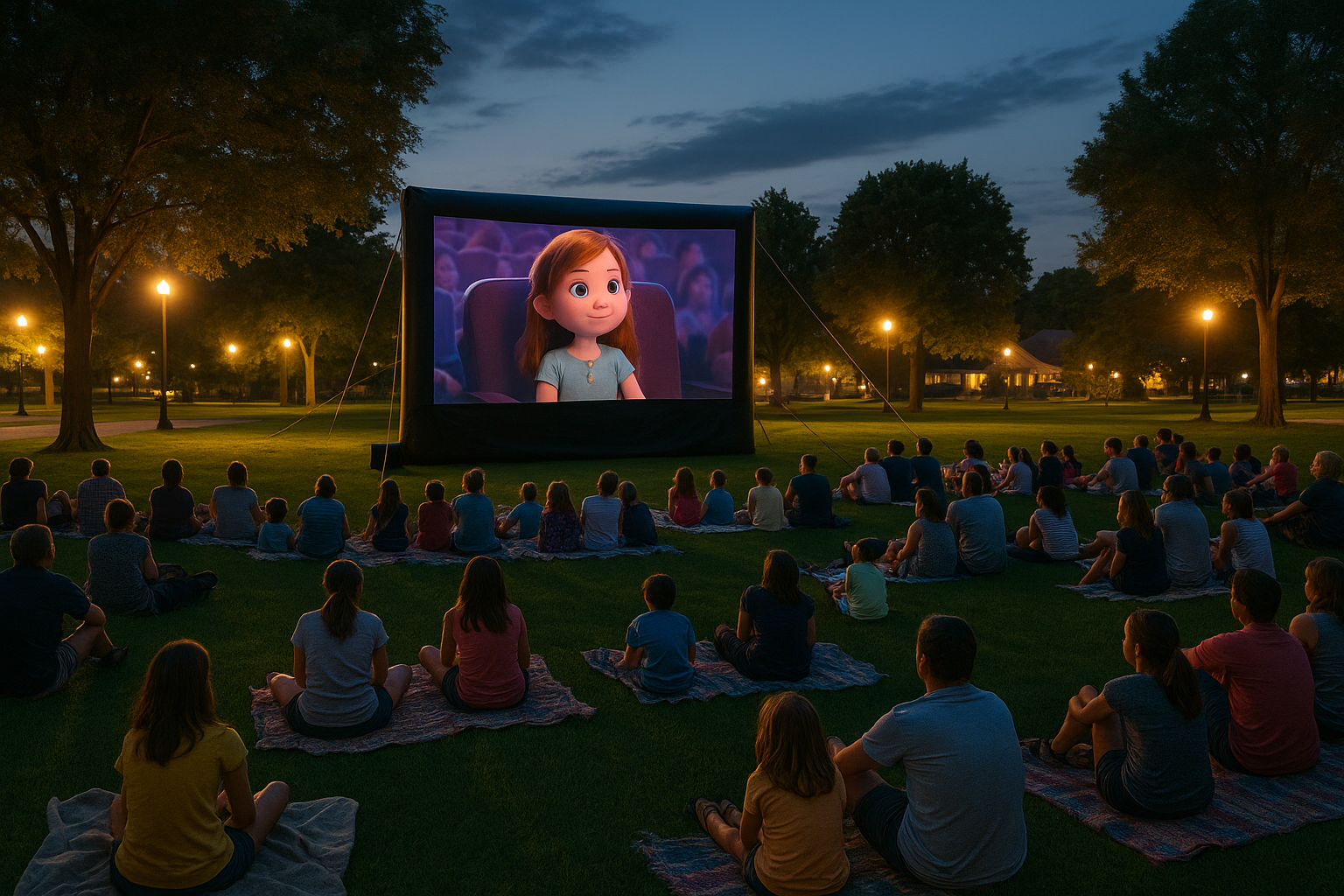 A photorealistic image of families sitting on blankets and lawn chairs at sunset in a large grassy park, watching a movie projected on a giant outdoor screen. The scene is lively and festive, with warm evening light and a clear sky.