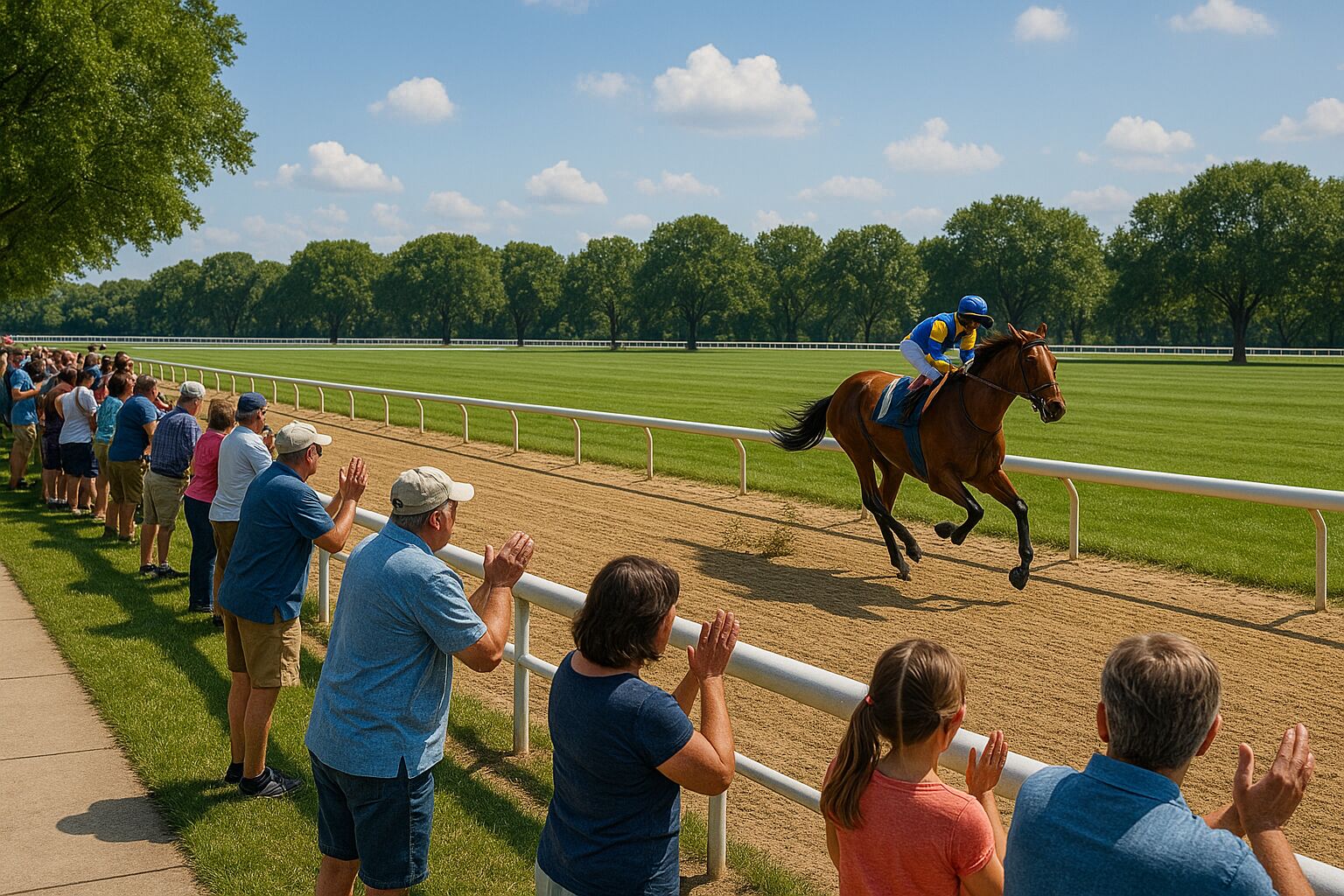 A chestnut racehorse with a jockey in blue and yellow silks gallops down a dirt track as spectators cheer along the white rail fence at Demoville Park, surrounded by manicured grass and trees.