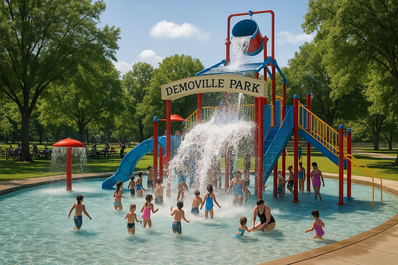 A colorful splash pad and water play area at Demoville Park with children running under a giant tipping bucket and water features, while adults supervise from the shaded picnic benches in the background.