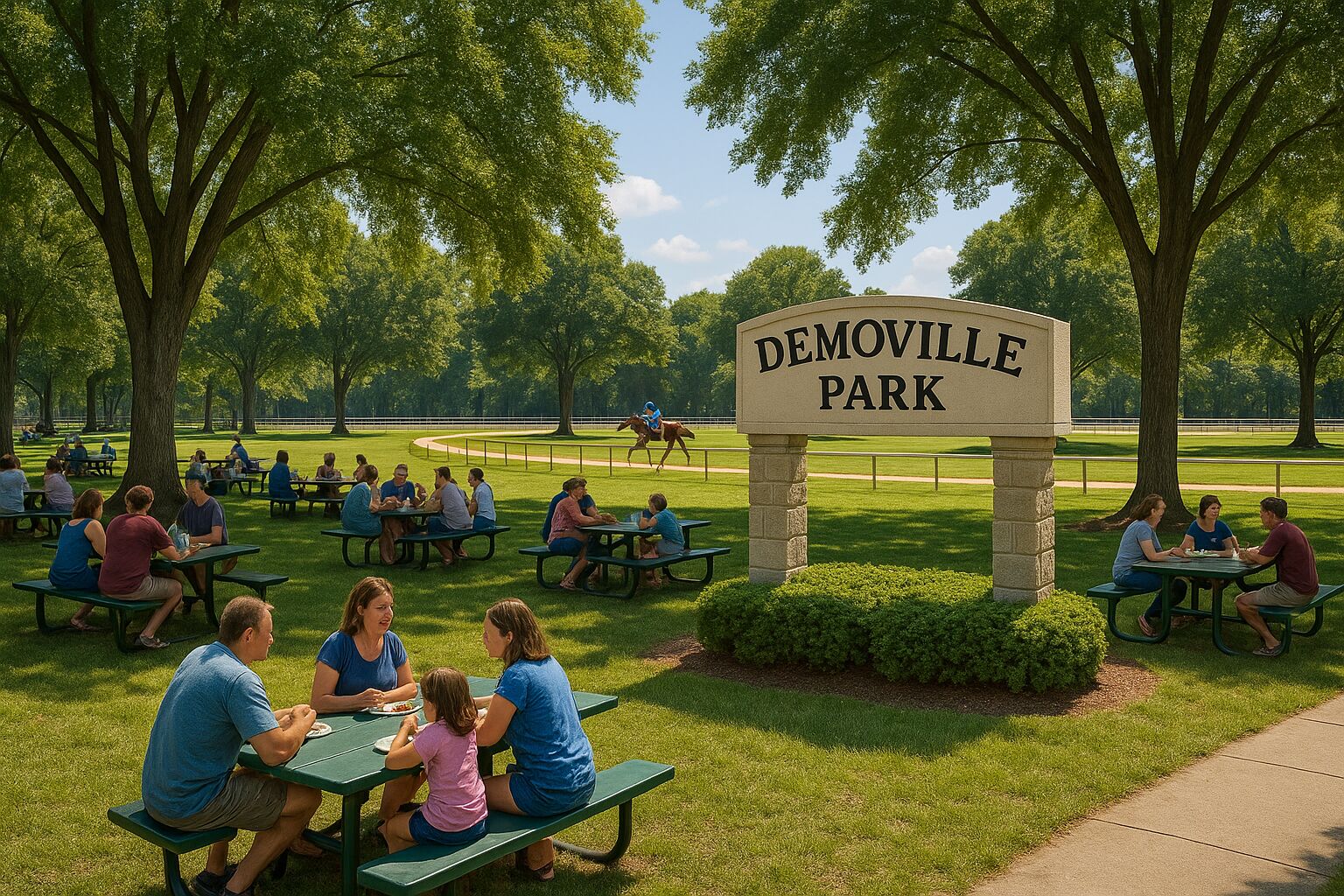 Families gathered around green picnic tables under tall trees near the Demoville Park stone entrance sign, with a horse and jockey riding along a visible track in the background.